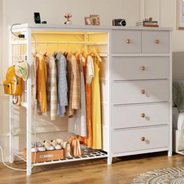 49.2" W White Dresser for Bedroom with Hanging Rack, 6 Drawers Dresser with LED Lights & Charging Station, Fabric Dressers 